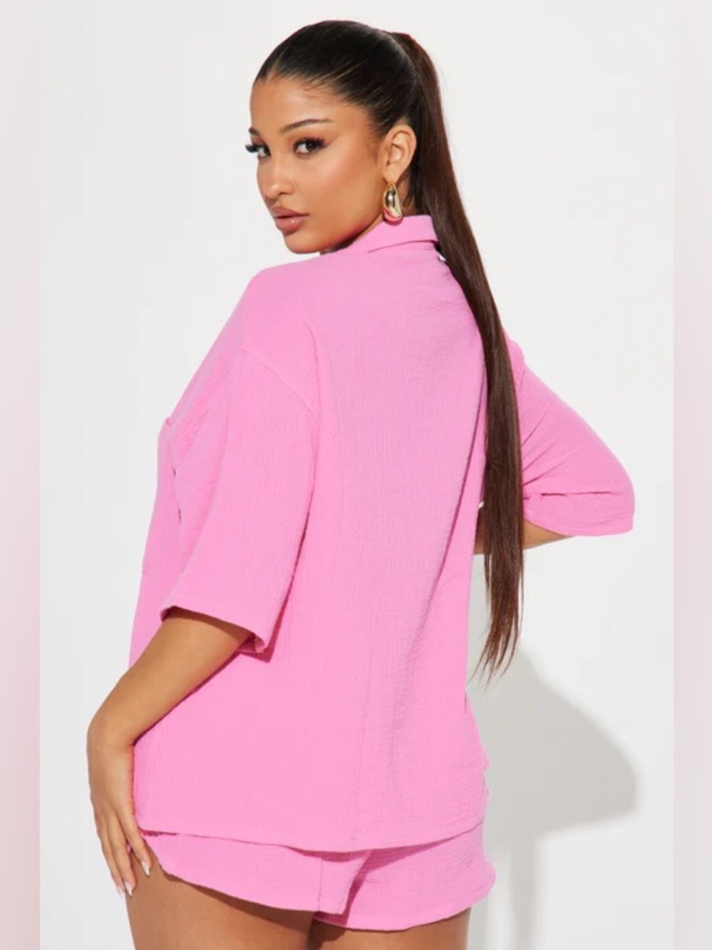 Women's Pink Two-Piece Short Set - Relaxed Button-Up & Elastic Waist Shorts - Picture 3 of 4